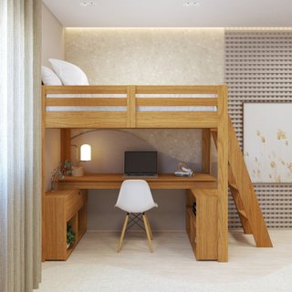 Cama Alta Beliche Office Solteiro Adulto com Escrivaninha Star Light Marrom/Freijó Freijó