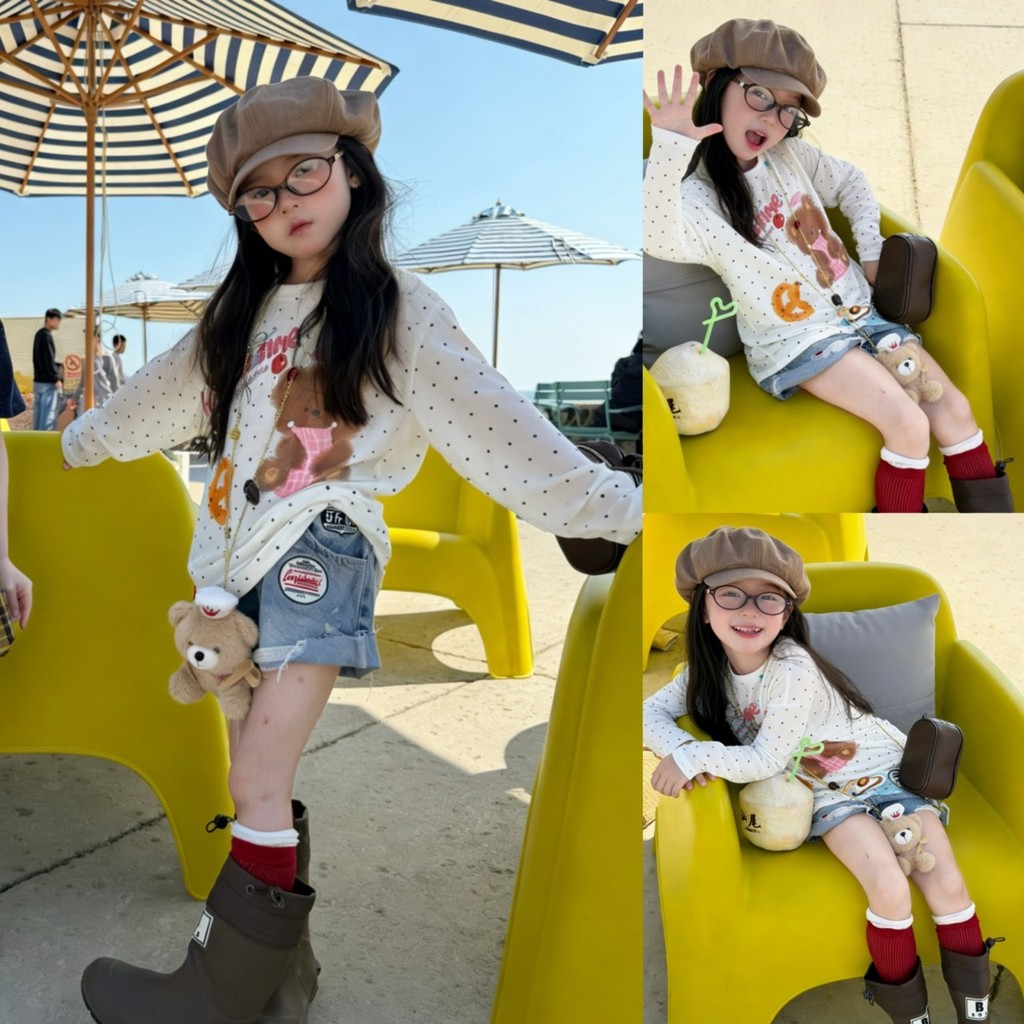 PRETTY BABY เสื้อยืดเด็ก เสื้อแขนยาว น้องหมี ลายจุด กางเกงยีนส์เด็ก กางเกงขาสั้น(2207)