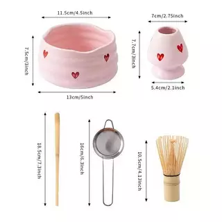 Flymesit 2/4/5 ชิ้น Heart Decal ชุดมัทฉะเซรามิก, ชุดมัทฉะน่ารักประกอบด้วยชามมัทฉะ, ที่ปัดมัทฉะและที่วาง, ตักไม้ไผ่, ตะแกรง EN