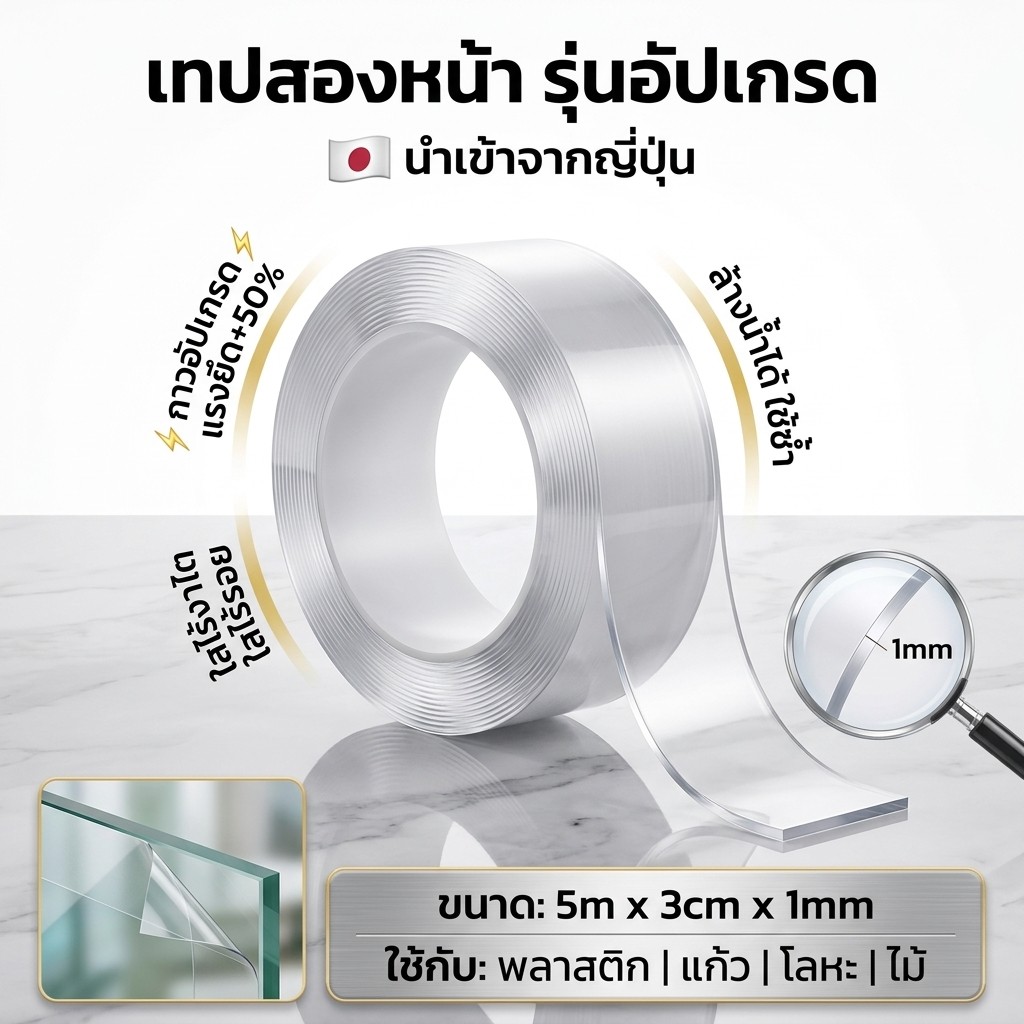 🚚[ส่งฟรี🇹🇭]📍เทปกาว 2 หน้านาโน โปร่งใส อเนกประสงค์ เทปรุ่นนาโน กันน้ำ กาวสองหน้าแบบใส