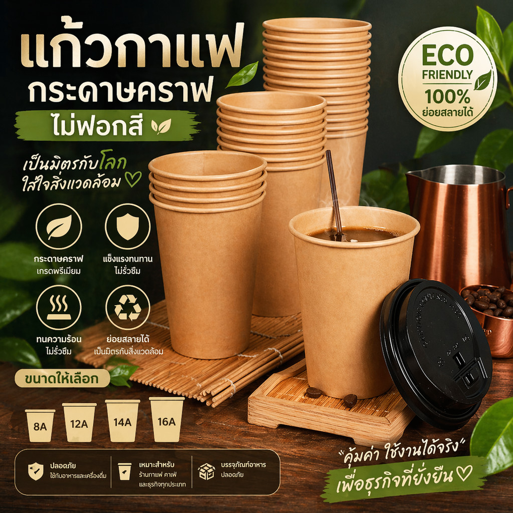 แก้วกาแฟ กระดาษคราฟท์ พร้อมฝายกดื่ม ทนความร้อน ใส่ได้ทั้งร้อนและเย็น ปลอดภัยต่อสุขภาพ กระดาษหนา ขนาด 8OZ 12Oz 14Oz 16Oz