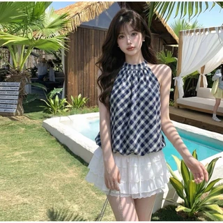 MKL เสื้อแขนกุด ทรงบอลลูนลายสก็อต ดีเทลจั้มช่วงเอว มีซับในผ้าร่มทั้งตัว ทรงหลวมใส่สบาย พร้อมส่งในไทย#CS1107