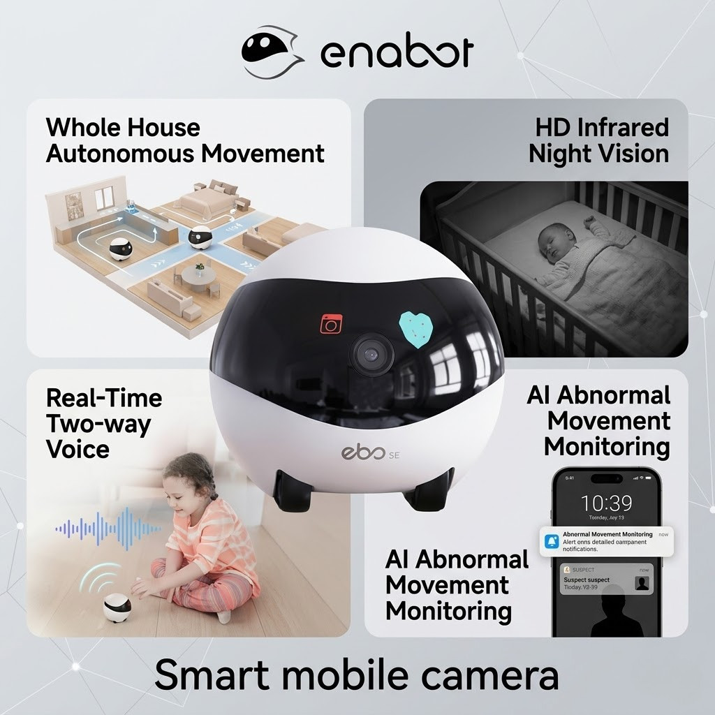 Enabot EBO SE กล้องมือถืออัจฉริยะ, หัวกล้องไร้สายภายในบ้าน, หุ่นยนต์ ROLA ในร่ม, การตรวจสอบสัตว์เลี้