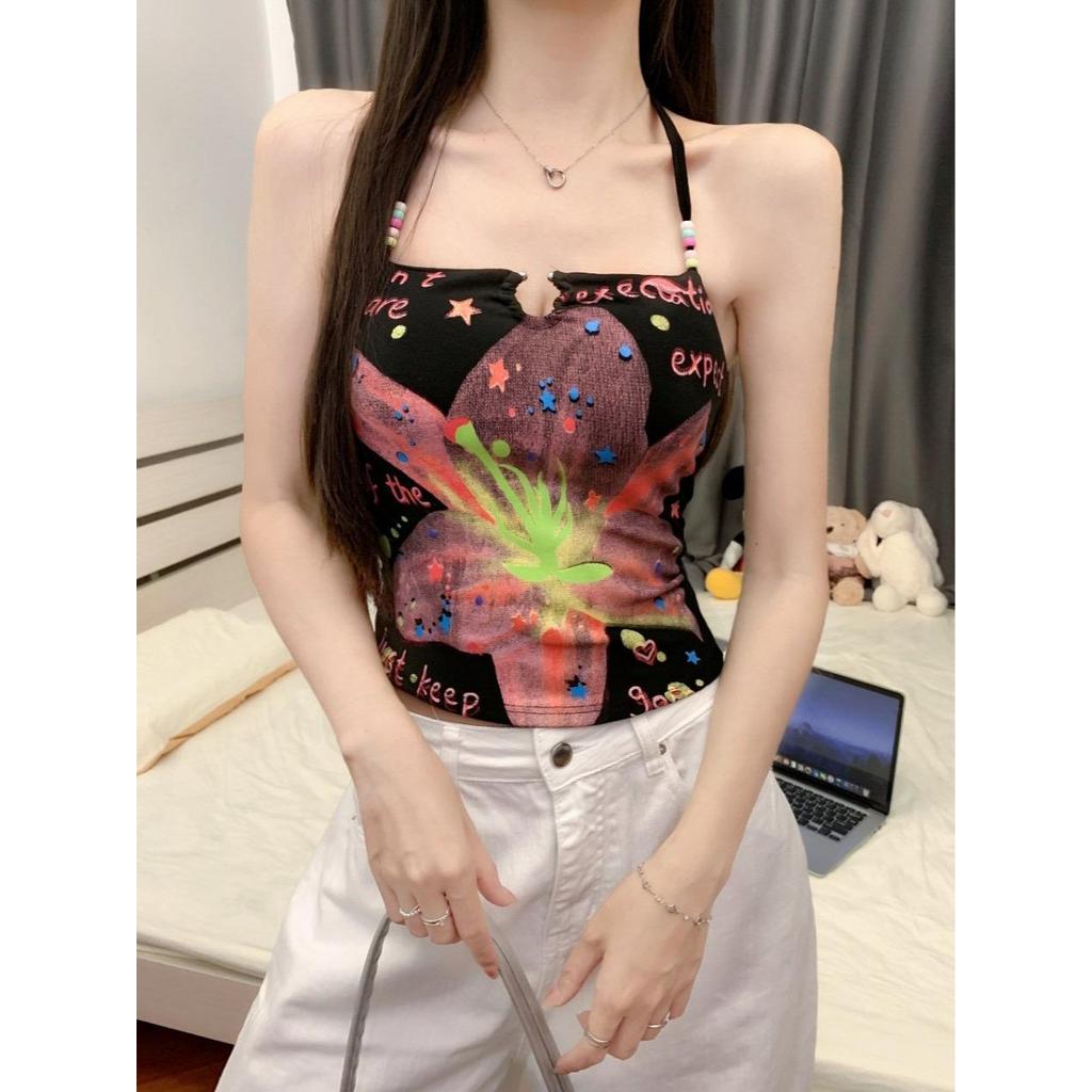L'nada【พร้อมส่ง】เสื้อสายคล้องคอกราฟิก ลายดอกไม้สีสด โชว์หลัง รุ่น Bloom Color สไตล์เกาหลี มี2สี (949)