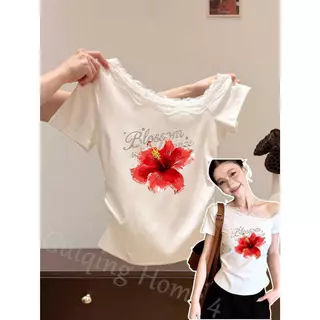 (จัดส่งตลอด 24 ชั่วโมง) M-4XL เสื้อครอปลายดอกไม้สงกรานต์ เสื้อปาดไหล่ เสื้อวงกรานต์สาวอวบอ้วน มีหลายสีให้เลือก คุ้มมาก