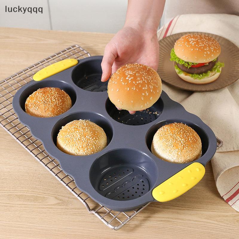 Luckyqqq 6 ช่องซิลิโคนแฮมเบอร์เกอร์ Bun Pan, Nonsti Loaf Pan & ทนความร้อน Burger Bun Pans สําหรับเบเ
