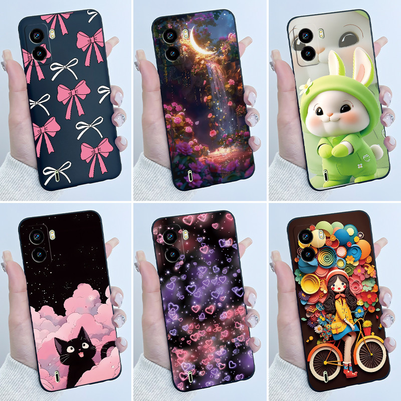 สําหรับ Tecno Pop 6 BE7 เคสโทรศัพท์หรูหราน่ารักหัวใจรักกระต่ายตลกสีดํานุ่ม TPU ซิลิโคนปกหลังสําหรับ 
