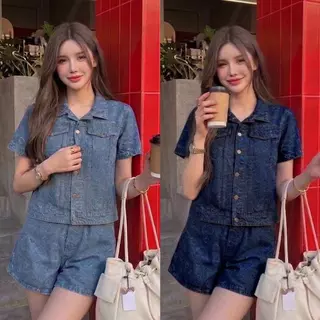 ชุดเซ็ตยีนส์ 2 ชิ้น เสื้อเเขนสั้น+กางเกงขาสั้นเอวสม็อค งานผ้ายีนส์ลายหัวใจทั้งเซ็ต-6039