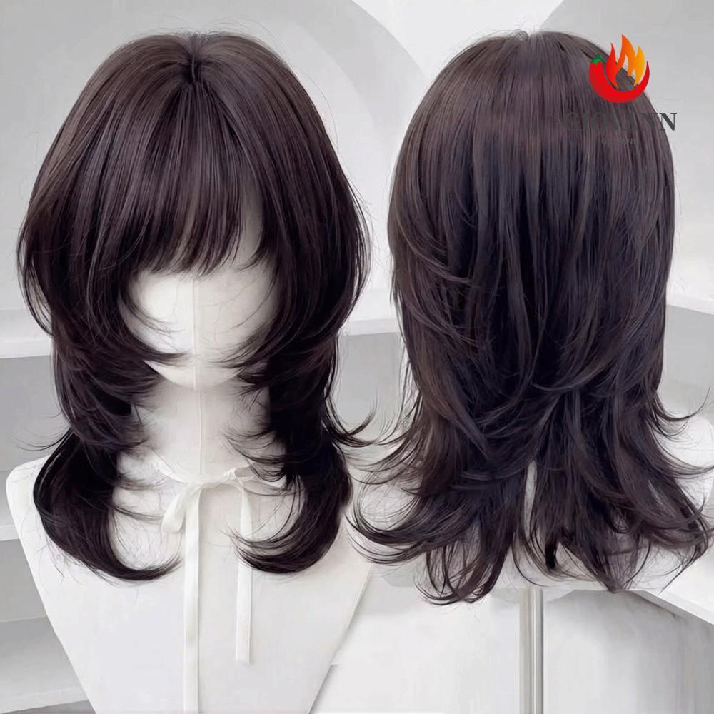 GIOVANNI แมงกะพรุนวิกผม Bangs, สังเคราะห์สีน้ําตาลสีดําขนาดกลางตรง Layered วิกผม, ผมปลอม Mullet ตัดผ