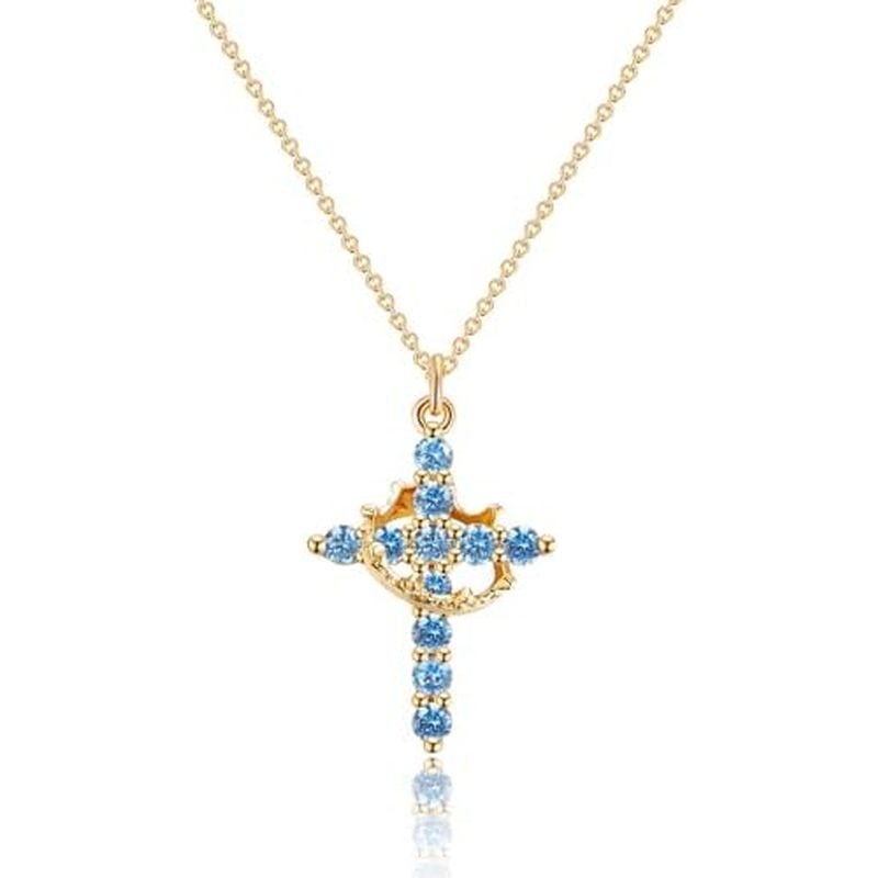 Easter Basket Stuffers Upgraded Crown Cross Necklace for Women, 14K Gold Plated Crown Cross Pendant 