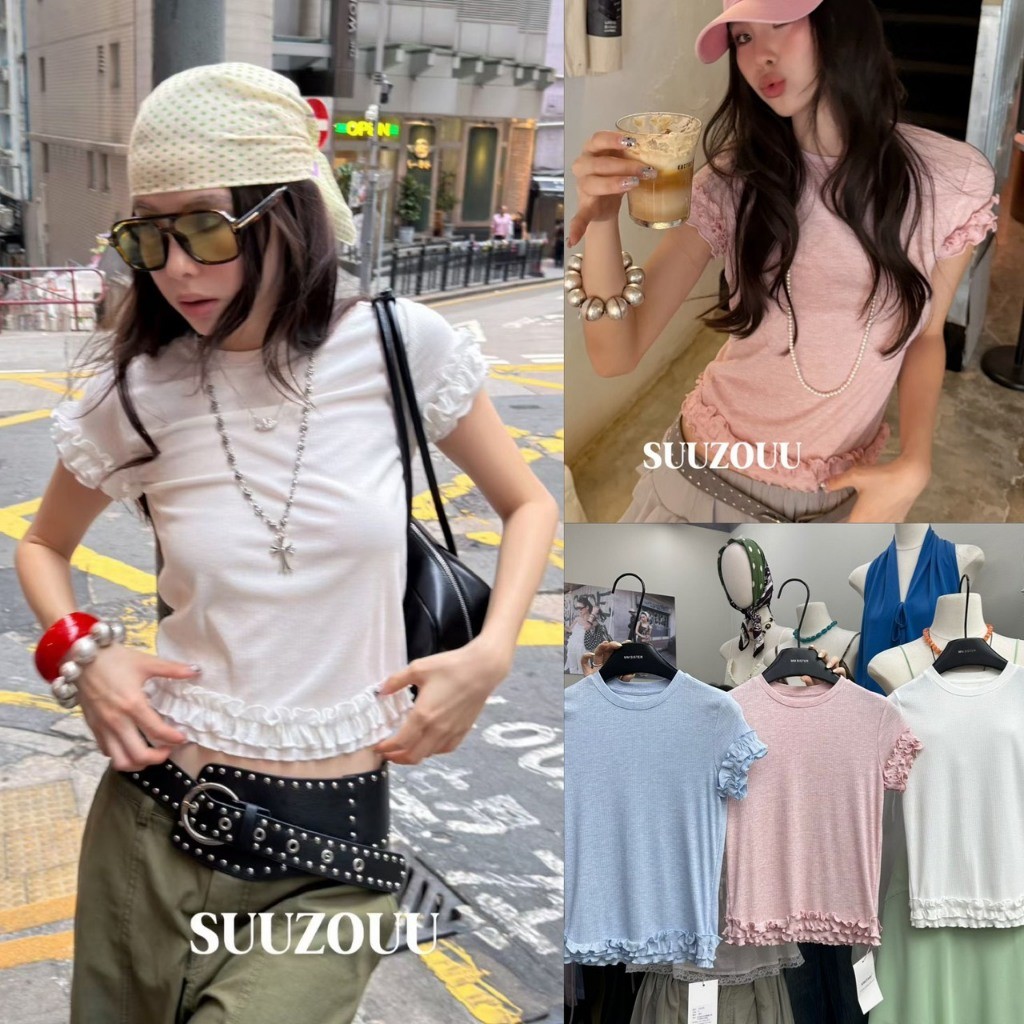 ❤ 🧵 🇰🇷 SU235 เสื้อแขนสั้นคอกลม ผ้าร่อง ไม่หนาไม่บาง แต่งผ้าช่วงปลายแขนปลายเสื้อ ใส่สบาย แฟชั่นเกาหลี TAG MM Fish 🧡