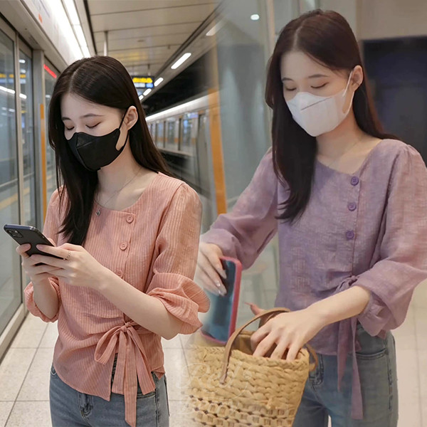 Red Berry เสื้อเชิ้ตแขนยาวลายทางไม่สมมาตรสำหรับผู้หญิง ผูกปม สไตล์ฤดูใบไม้ร่วง 99405