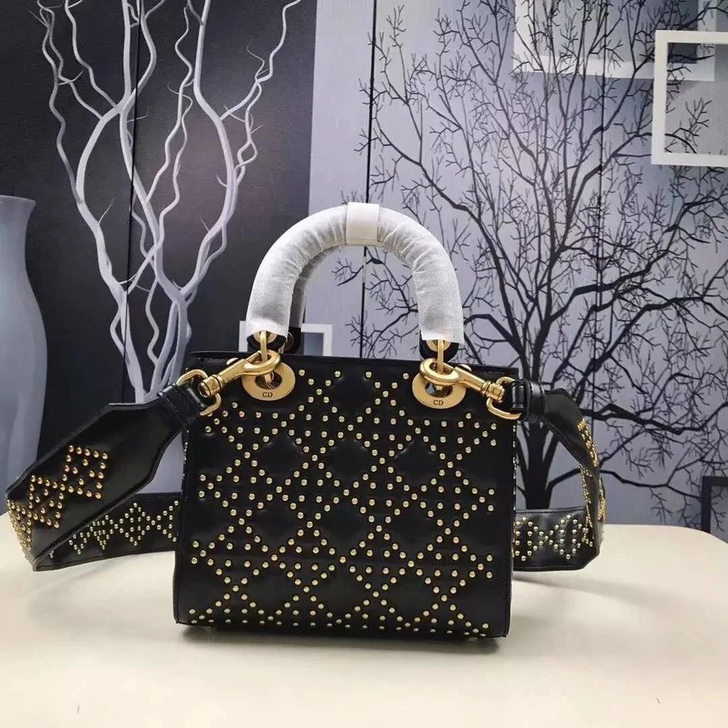 Dior dior Four-Grid Full Leather Rivet dior Bag Ladies One-Shoulder Handbag Luxury รีไซเคิล