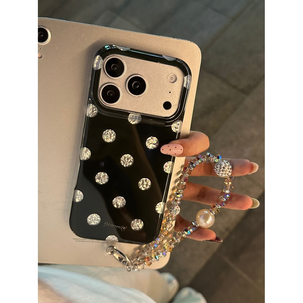 เคสน่ารักสีดํา Holographic Polka Dot เคสโทรศัพท์ IMD สไตล์เกาหลีสําหรับ iPhone 17 Pro Max 16 Pro 15 14 Pro Max
