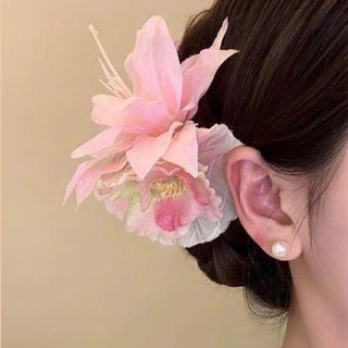ฤดูร้อนสีชมพูพู่ดอกไม้กิ๊บหญิง กี่เพ้า ด้านข้างคลิปอุปกรณ์ผม