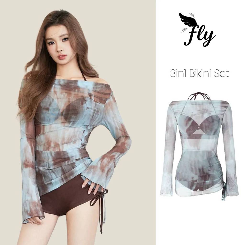 【Fly Girl】 BlueBrown 3in1 songkran ชุดบิกินี่ ชุดชายหาดแฟชั่น ผ้าคลุมกันแดด แยก ชุดว่ายน้ำเอวสูง เสื้อคอเชือกแขวนคอ เหมา