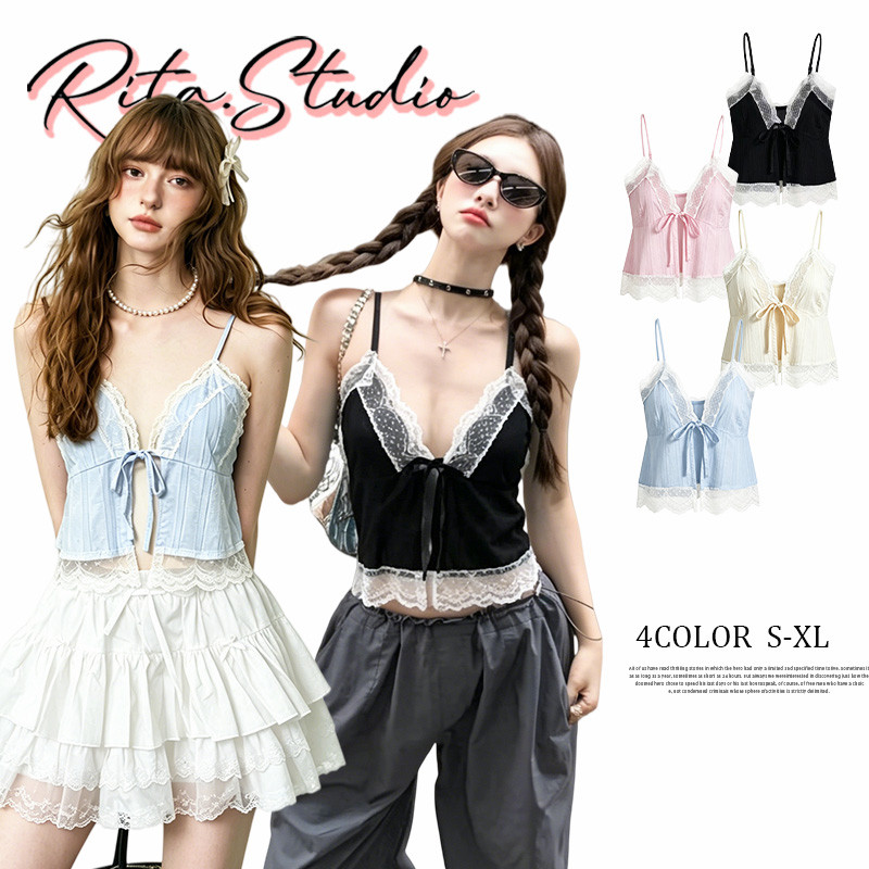 Rita พร้อมส่ง🍒เสื้อครอปสายเดี่ยวลูกไม้ ดีเทลผูกโบว์หน้า เซ็กซี่เบาๆ ลุคคุณหนู เสื้อผ้าแฟชั่นหน้าร้อน S-XL