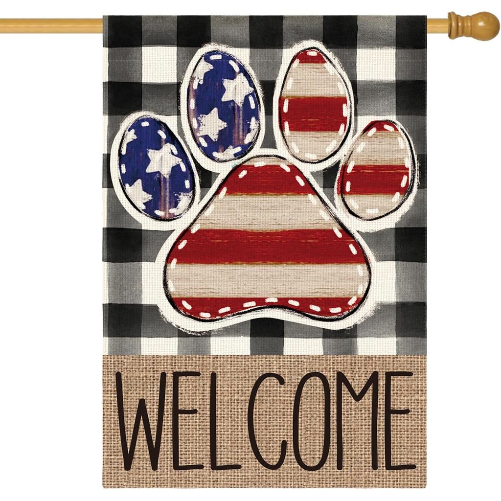 AVOIN colorlife American Flag Paw Print Patriotic 4th of July House Flag 28x40 นิ้วสองด้านด้านนอก,ยิ