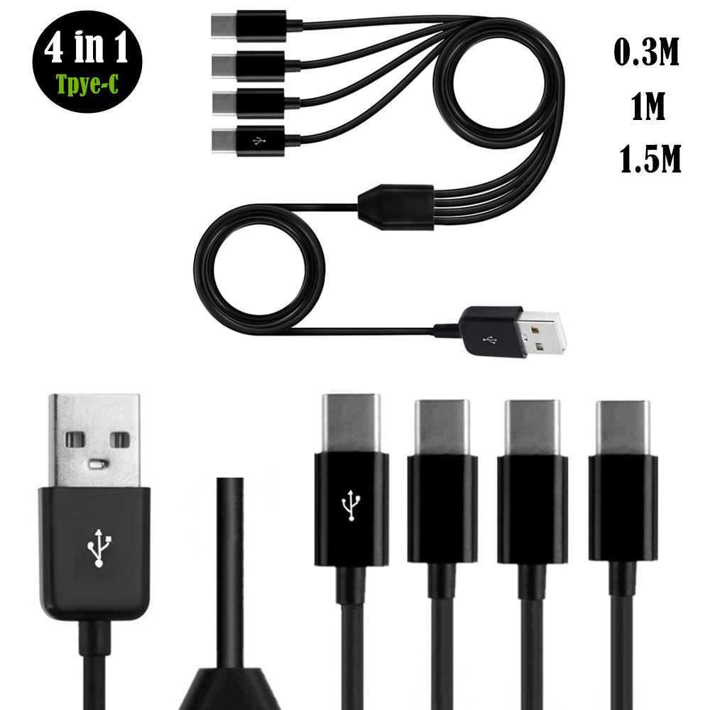 สาย USB-A ถึง 4 USB-C, 4-in-1 สายชาร์จข้อมูล 0.3 ม. 1 ม. 1.5 ม., USB 2.0 ชายถึง 4x Type-C ชายสําหรับโทรศัพท์แท็บเล็ตสมาร์ทวอทช์และการชาร์จหลายอุปกรณ์