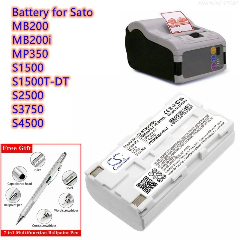 แบตเตอรี่เครื่องพิมพ์แบบพกพา 7.4V/2600mAh PT/MB200-BAT สําหรับ Sato MB200, MB200i, MP350, S1500, S15