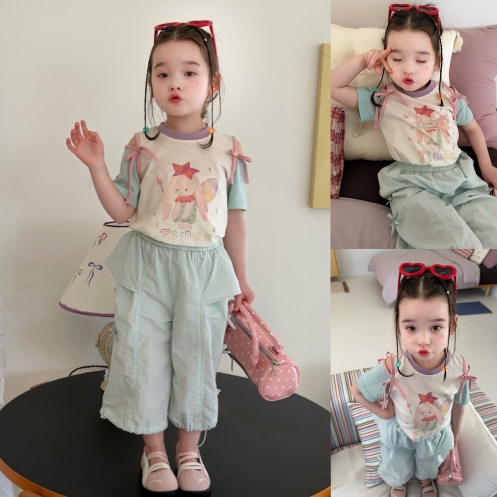 PRETTY BABY เสื้อยืดเด็ก เสื้อยืดคอกลม โชว์ไหล่ แต่งโบว์ กางเกงขายาว แต่งโบว์(2200)