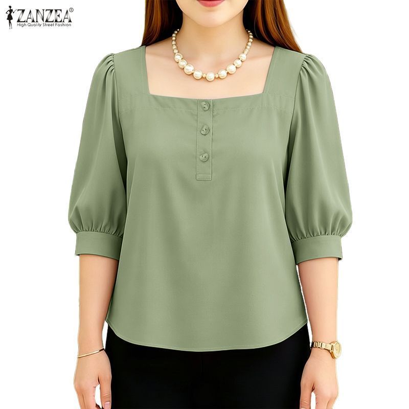 ZANZEA เสื้อเบลาส์ปุ่มตกแต่งแขนสามควอทซ์ลําลองสไตล์เกาหลีของผู้หญิง