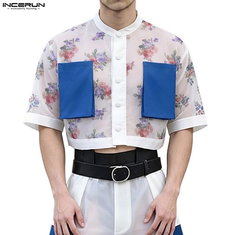 INCERUN Men Vintage Retro Vacation Style Stand Neck Short Sleeve Floral Print Contrast Patchwork Shirts