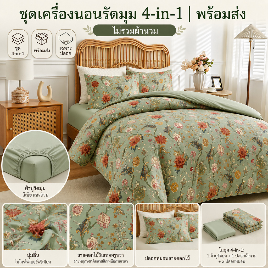 ผ้าปูที่นอนรัดมุม ชุดผ้าปูที่นอน 4 ใน1 ผ้าฝ้าย 100% ผ้าปูที่นอนแบบนุ่ม พร้อมสต็อก 3 ฟุต 3.5 ฟุต 5 ฟุต 6 ฟุต