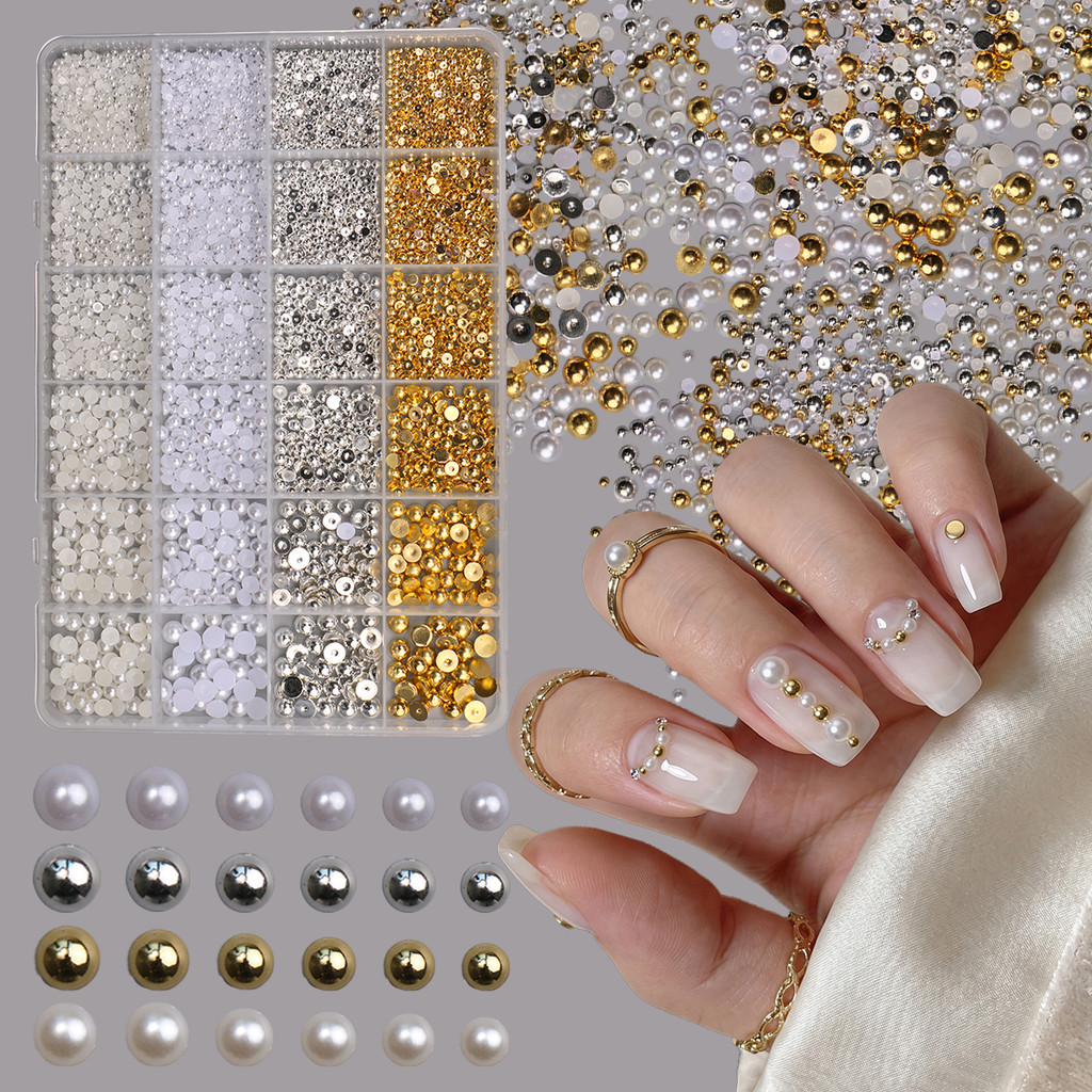 HAMA 24 กริดเล็บไข่มุกชุดทองเงินสีขาวครึ่งรอบแบนกลับ Rhinestones DIY อุปกรณ์แต่งเล็บ Charms สําหรับเล็บออกแบบ