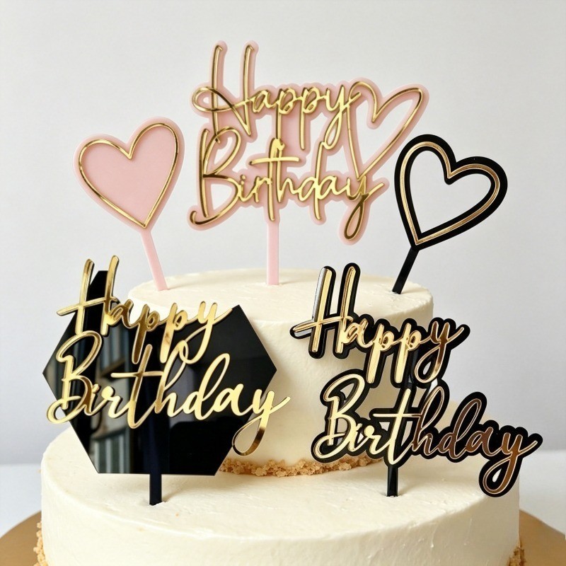 Luxury Gold & Black "Happy Birthday" เค้กอะคริลิค Topper สไตล์การประดิษฐ์ตัวอักษรทันสมัย