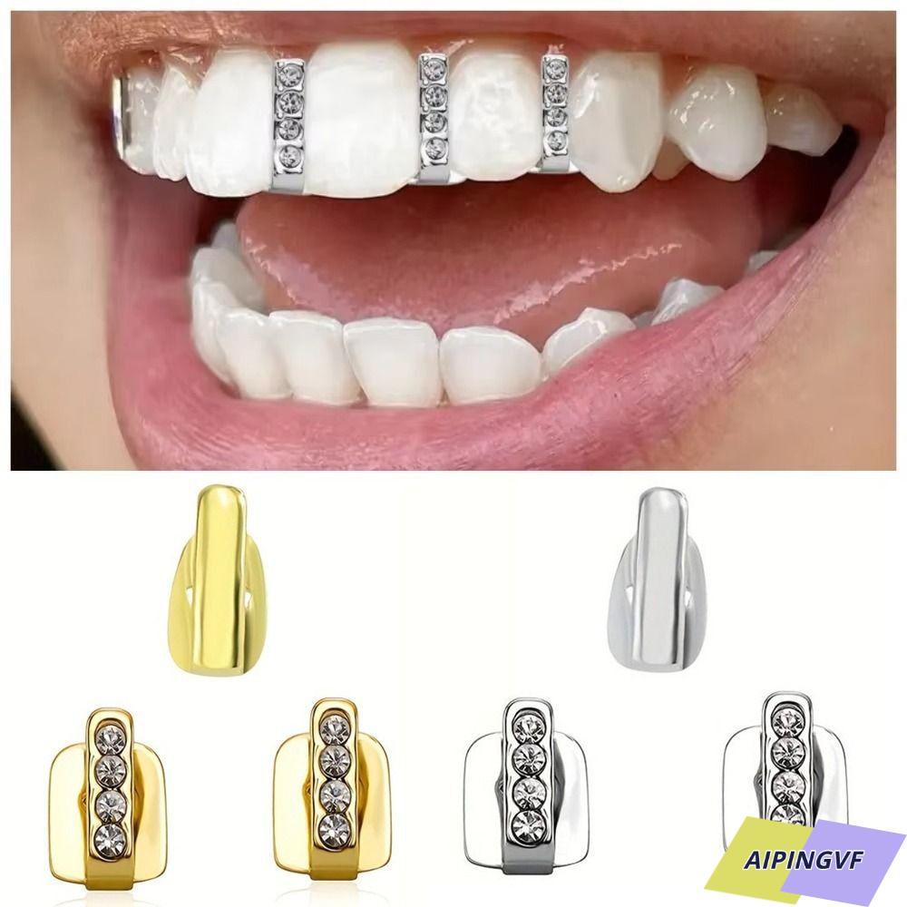 AIPINGVF 3 ชิ้น Hip Hop ฟัน Grillz, Hollow เงาเพทาย Grillz, Rhinestone ฟันหมวกผู้หญิงผู้ชาย