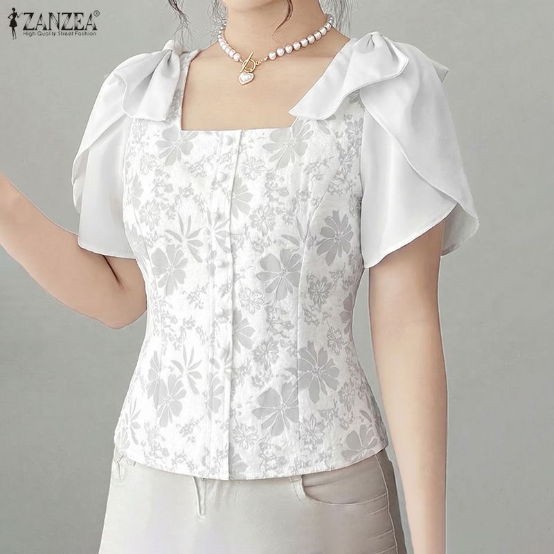 ZANZEA เสื้อกลีบแขนสั้นแบบเกาหลี ทรงสแควร์คอดีไซน์ทันสมัย กับซิปด้านข้างสำหรับผู้หญิง — صورة 5
