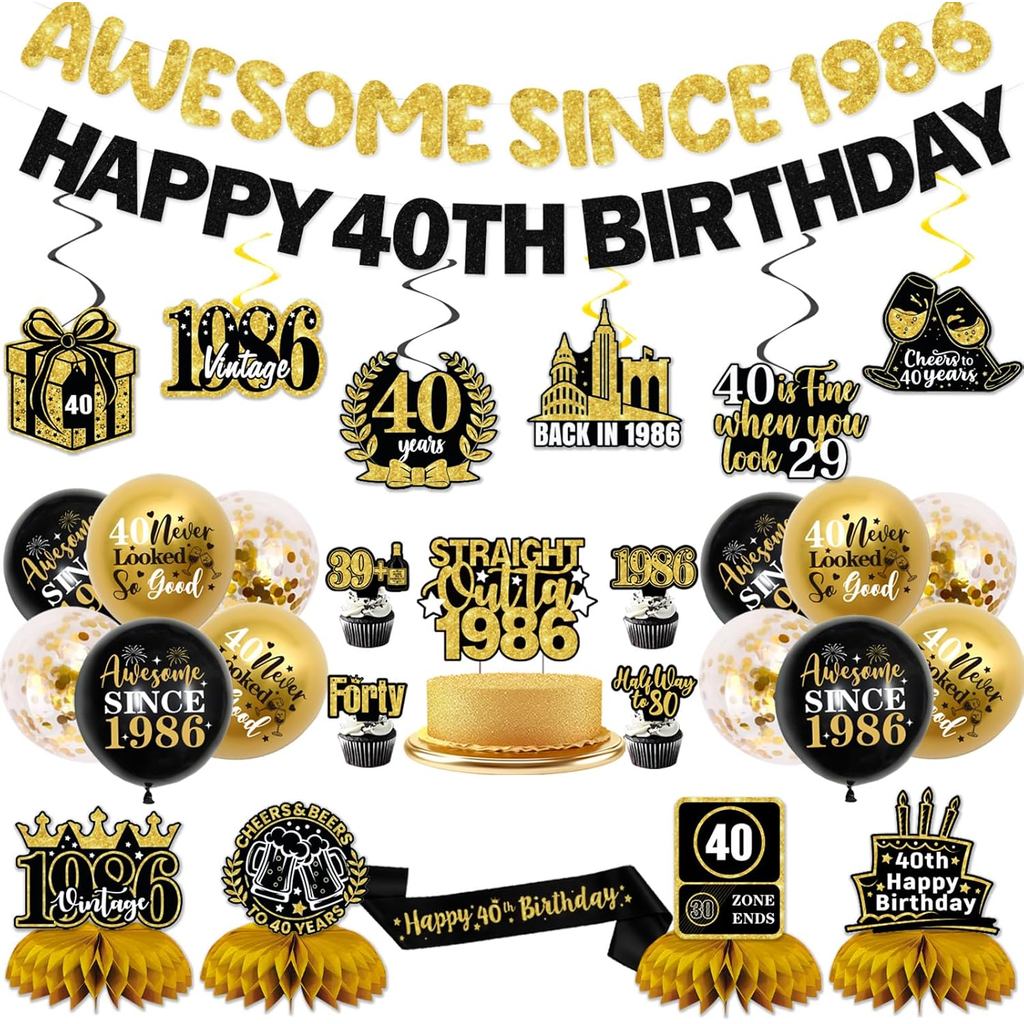 ตกแต่งวันเกิด 40th ผู้ชายผู้หญิง,สีดําทอง Happy 40th Birthday Party ตกแต่ง, Pre-Strung สุดยอดตั้งแต่