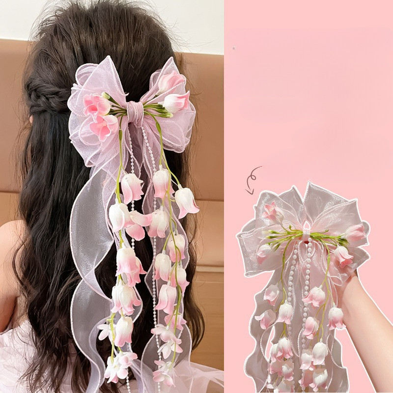 แฟรี่แบบพิเศษ Lilac โบว์ลูกไม้และกิ๊บผม สไตล์เจ้าหญิงสำหรับเด็ก