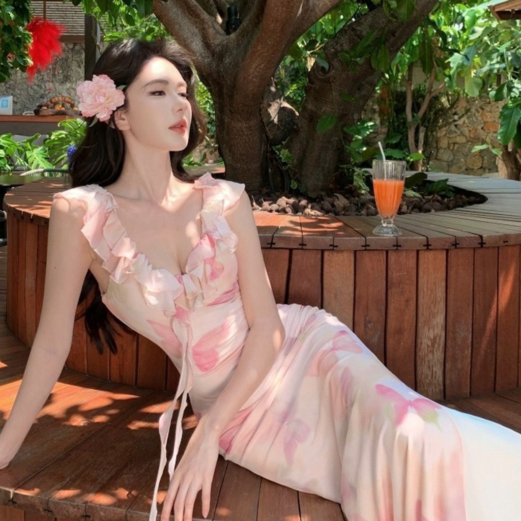 French ruffled short-sleeved sleeveless summer butterfly print fishtail skirt waist bag hip skirt seaside