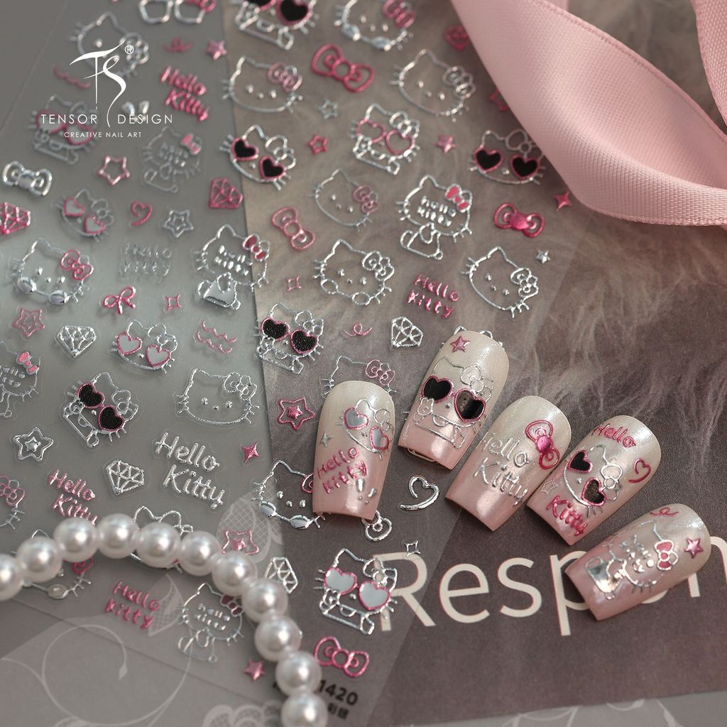 [Meow.Sensei] Iron Minimalist Sweet Cool สติกเกอร์แต่งเล็บลูกแมว M-1420 Hot Silver Sweet Cool Hot Girl Cat Bow Love แว่นตา