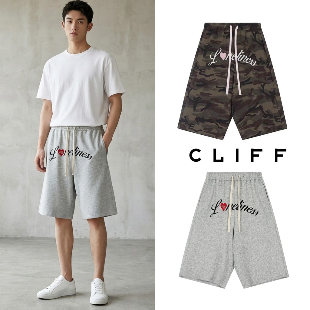CLIFF กางเกงขาสามส่วนลายพราง สไตล์อเมริกันวินเทจ ทรงหลวม เอวยืด มีตราประทับ ใส่ได้ทั้งผู้ชายและผู้หญิง