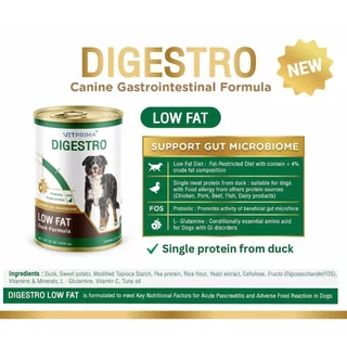Vetprima: Digestro LOW FAT [แท้💯] อาหารเปียก สูตรไขมันต่ำ สำหรับสุนัขที่ต้องจำกัดปริมาณไขมัน หรือโรคตับอ่อนอักเสบ 400 g.