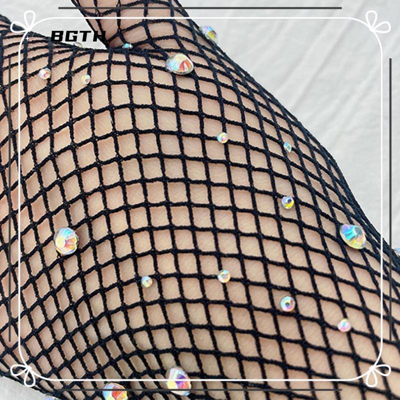 BSG ถุงมือตาข่าย Rhinestone สีดําและสีแดงสําหรับผู้หญิง, ถุงมือยาวตาข่ายคอสเพลย์ BSG
