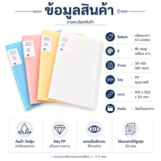 SKY แฟ้มโชว์เอกสาร A3 30 แผ่น แฟ้มใสแบบสอด ซองใสเอกสาร แฟ้มเอกสาร PP กันน้ำ File Display Book File Holder