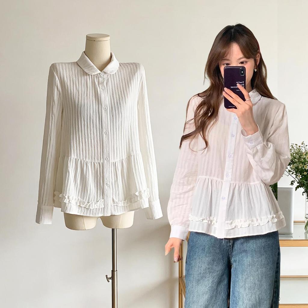 Chili Koko เสื้อเชิ้ตสีขาวทรงหลวมสไตล์เกาหลีสำหรับผู้หญิง คอปกปีเตอร์แพน ตกแต่งด้วยระบาย  มีจีบ w714