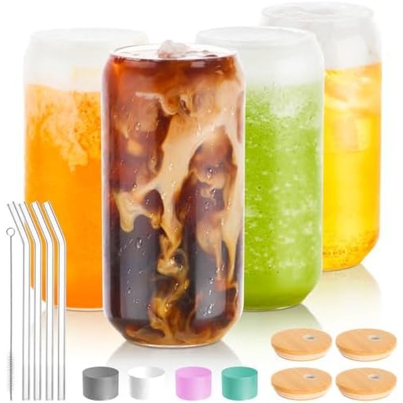 BEWAVE Drinking Glass, 16oz Can Shaped Glasses Cups, Iced Coffee Glasses, Beer Tumbler, for Whiskey,