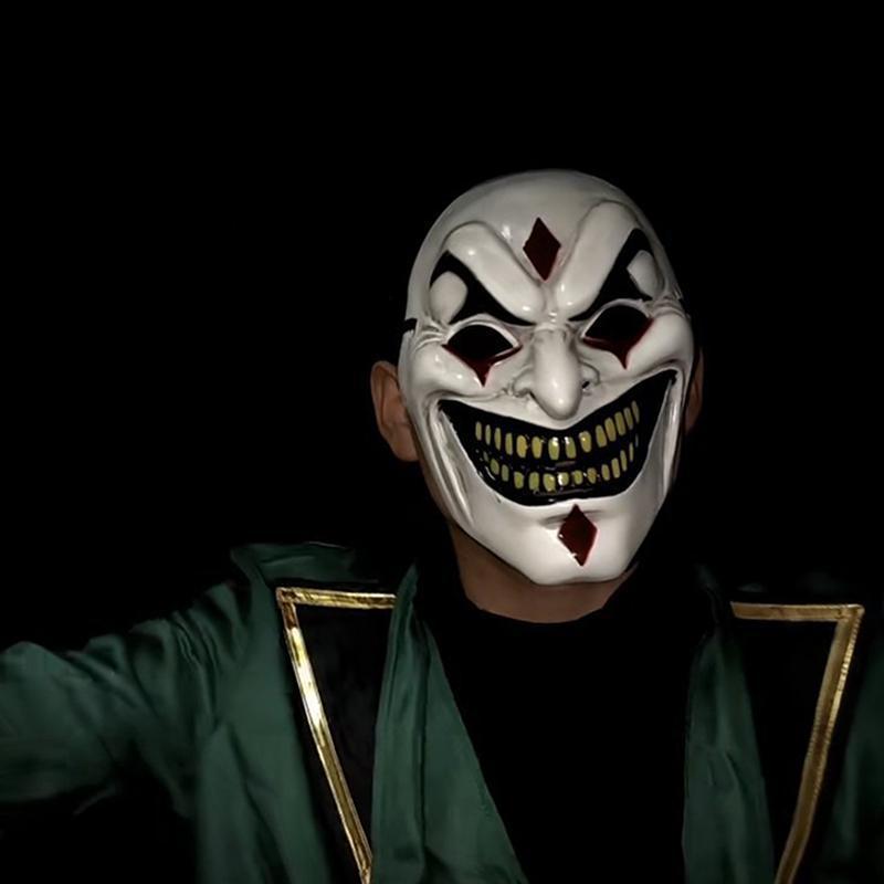 [ใหม่] New Joker Full Face Mask Funny Big Gold Tooth Smiling Face Mask Cool Boy Headgear Cosplay Pro