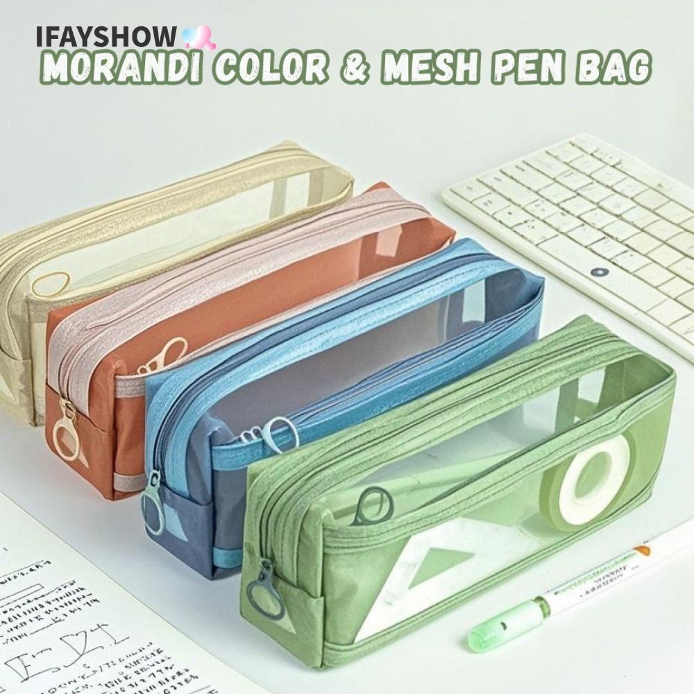 IFAYSHOW กระเป๋าใส่ปากกา, ดินสอสองชั้นแบบใส, นักเรียนเครื่องเขียนความจุขนาดใหญ่ตาข่าย