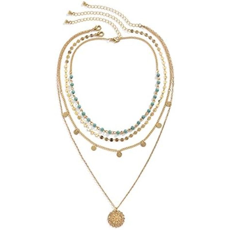 Gold Layered Turquoise Necklace for Women Multi Boho Long Necklace Bohemian Coin Pendant Necklaces J