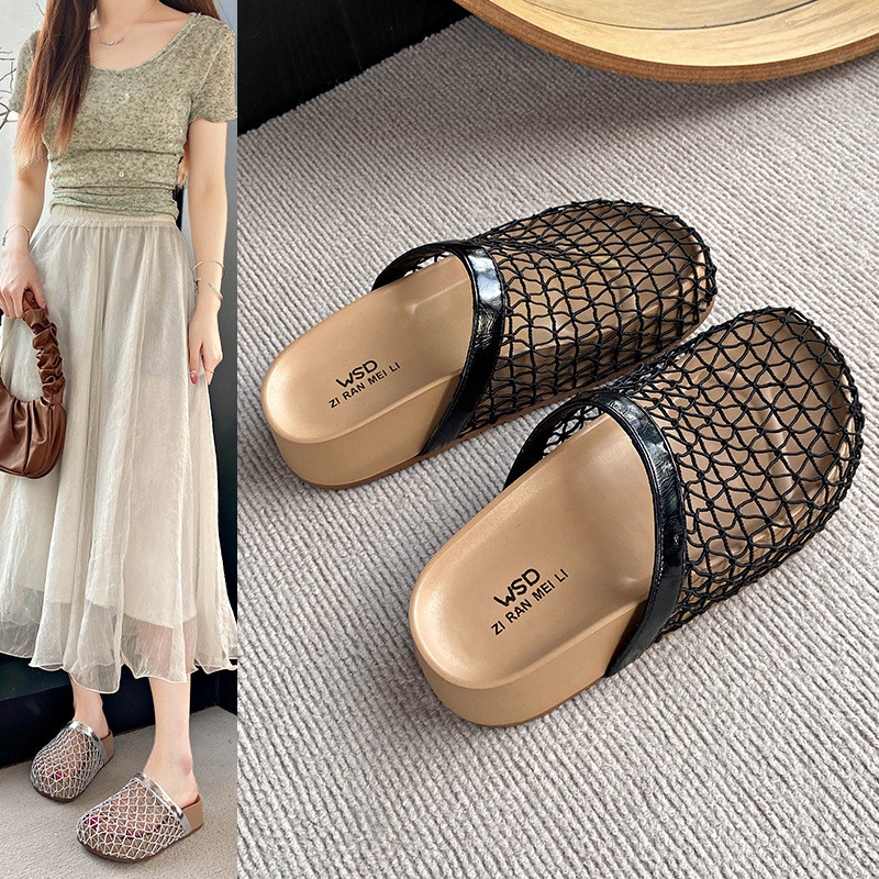 Niche ทอกลวงรองเท้าแตะตาข่ายสวมใส่ด้านนอก Fishnet แบน Breathable Toe-Covered รองเท้าแตะรองเท้าแตะ