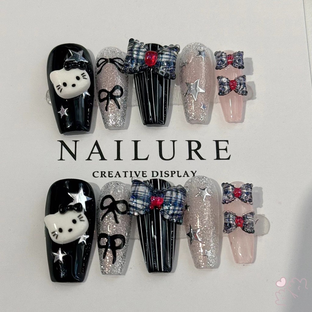 Dark Style Black Press on Nails with Flash Glitter Previling Natural Look Press-On Nail Set สําหรับท