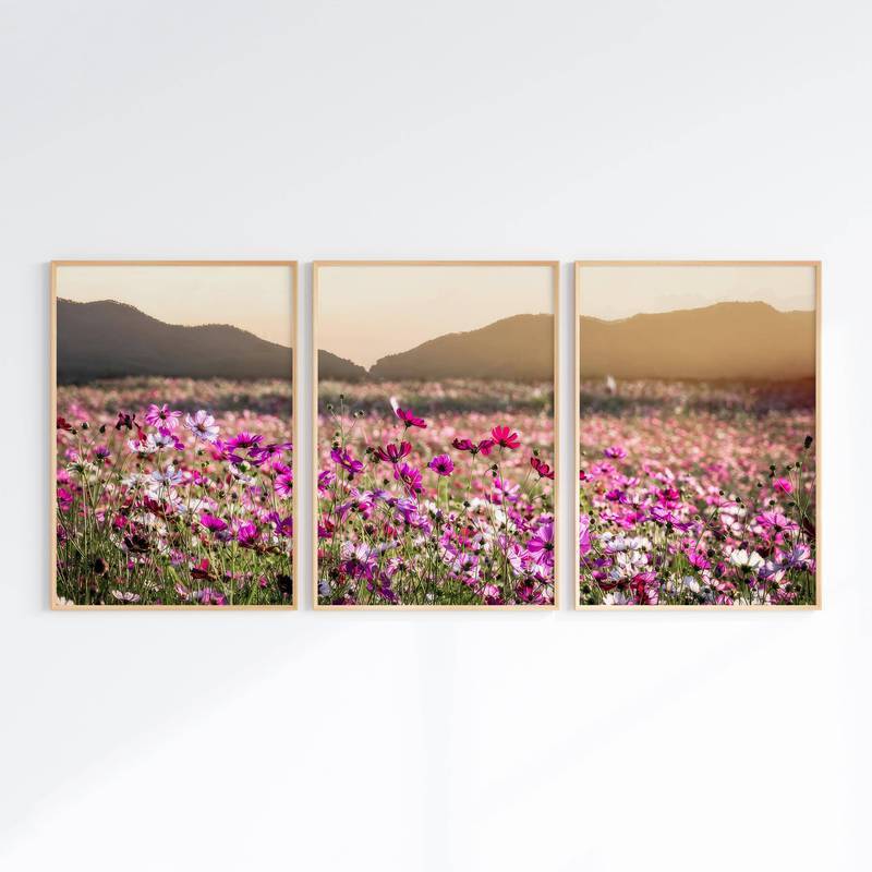 Cosmos Flower Field Wall Art Frameless ผ้าใบกันน้ําผ้าใบธรรมชาติห้องนั่งเล่นตกแต่ง