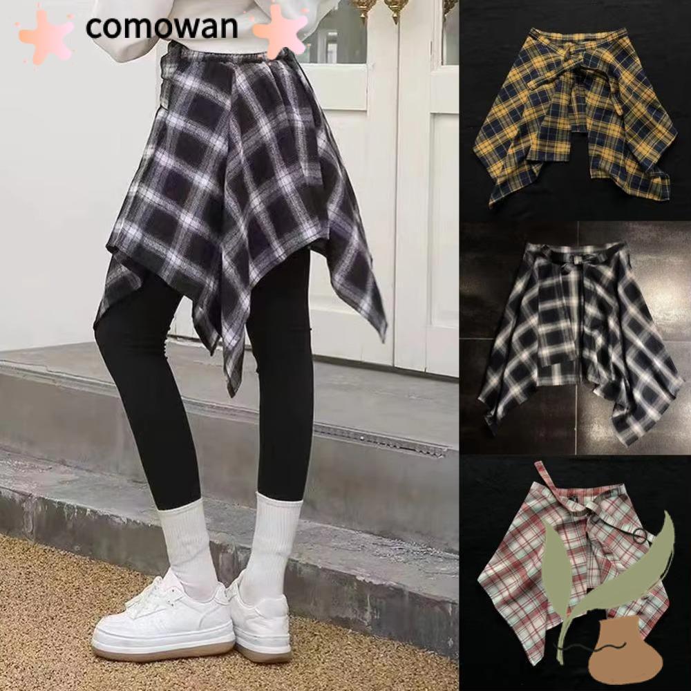 KOWAN ผู้หญิงกระโปรงลายสก๊อต,โบว์โบว์เสื้อเอวไม่สม่ําเสมอ,สบายๆสีฟ้าตาข่ายสีขาวยืดหยุ่น Mini a-line กระโปรงสั้นสาว Streetwear