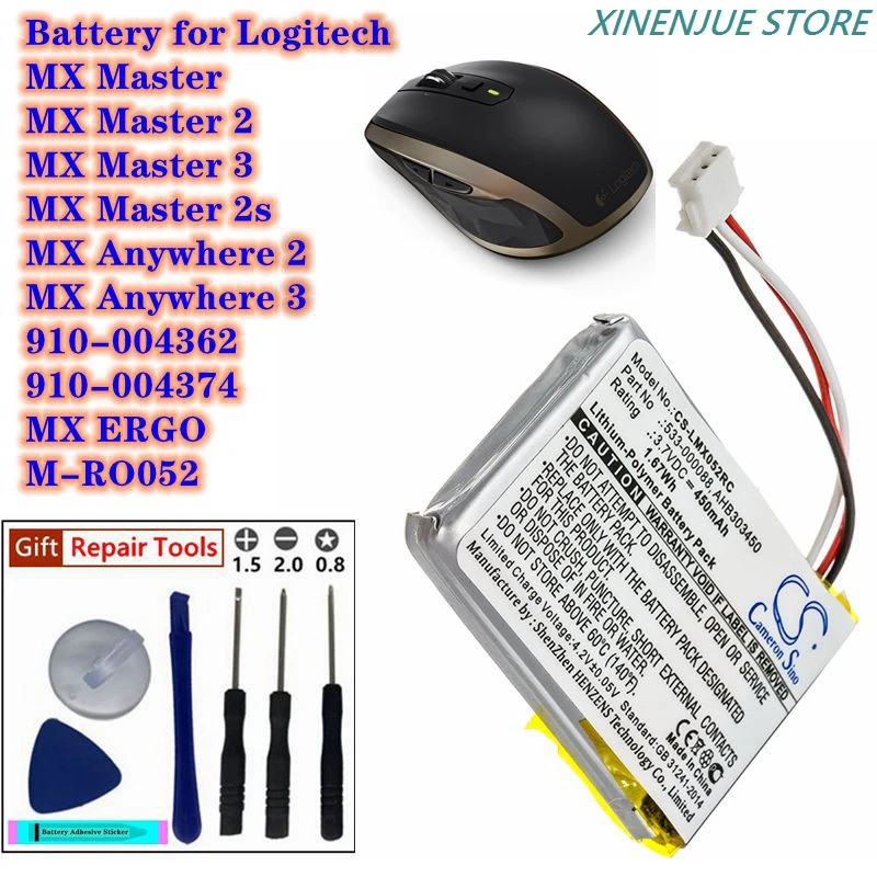 แบตเตอรี่เมาส์ 3.7V/450mAh 533-000120 สําหรับ Logitech MX Master,Anywhere 2,M-RO052,MX Master 2,Mast